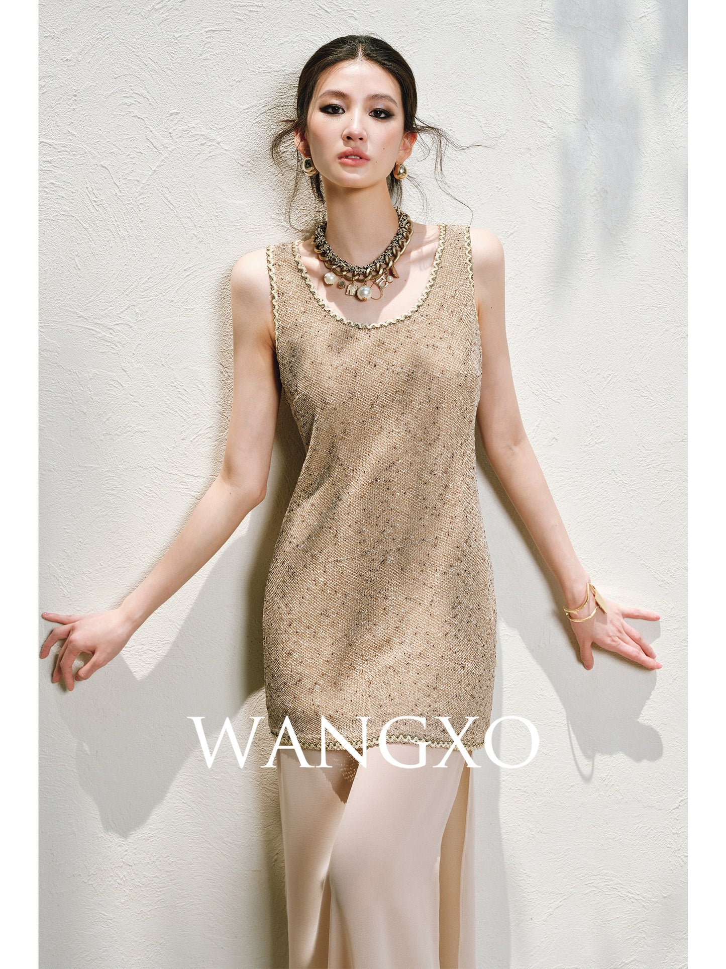 WANGXO | Satin-Stitched Georgette & Stretch Sequin Knit  Suspender Skirt & Vest Skirt Set -LUMA