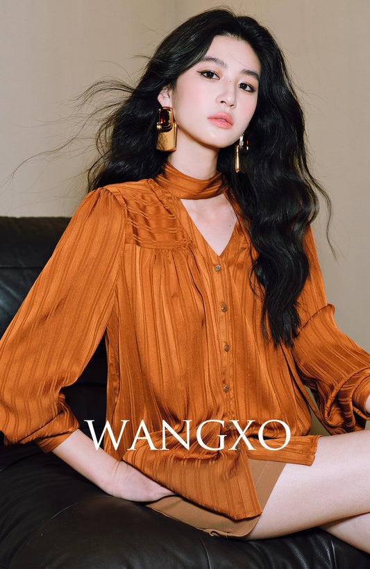 WANGXO Bright Silk Satin with 3D Drawstring Detail Temperament V-Neck - LENNA