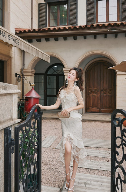 DOLLY Elegant French Style Cream Ruffled Lace Fake Two Piece Midi Dinner Dress-KAKA