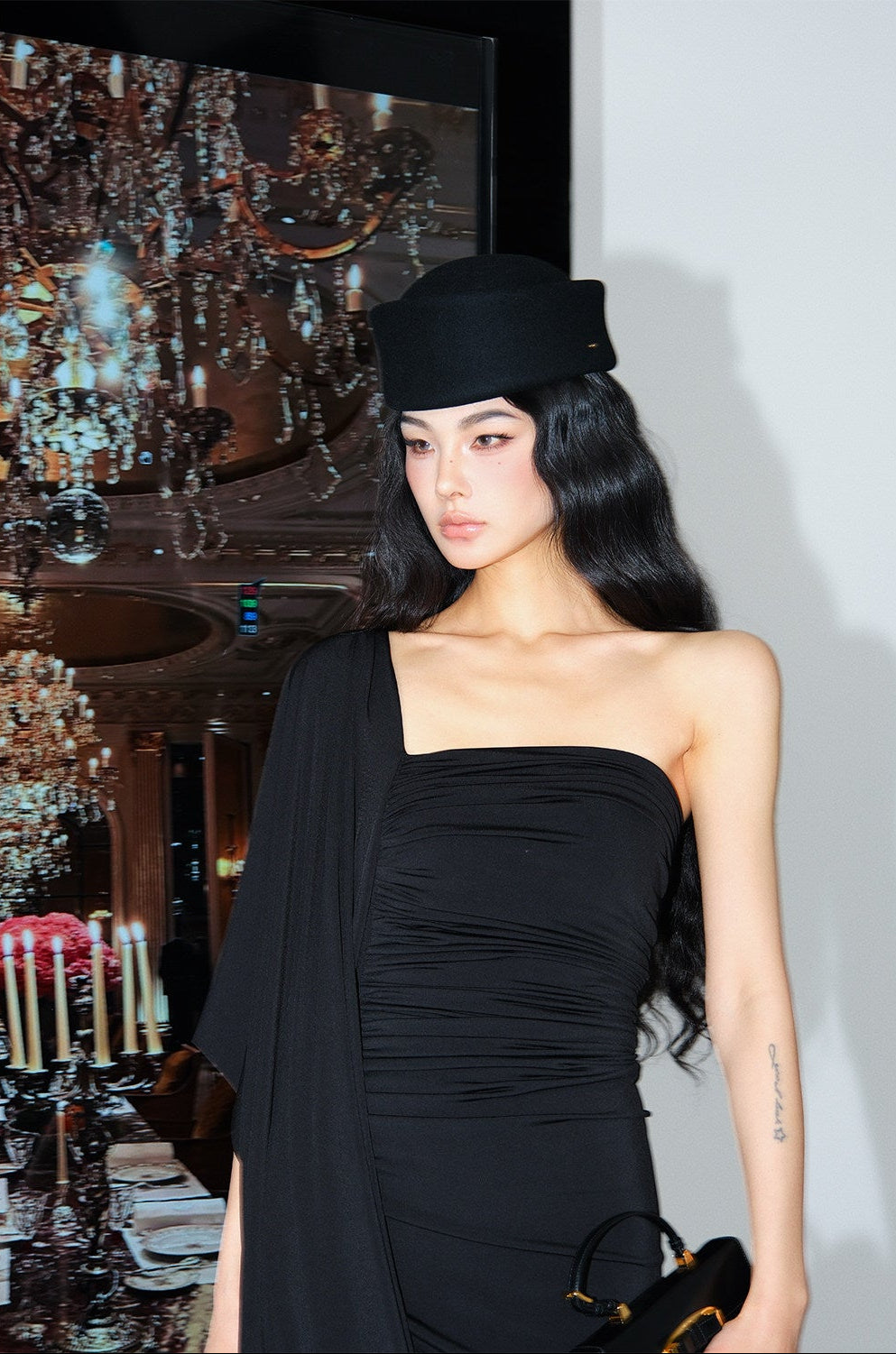 MEI SANGUAN black square neck asymmetrical floor-length dress - AVERY