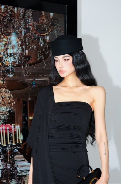 MEI SANGUAN black square neck asymmetrical floor-length dress - AVERY