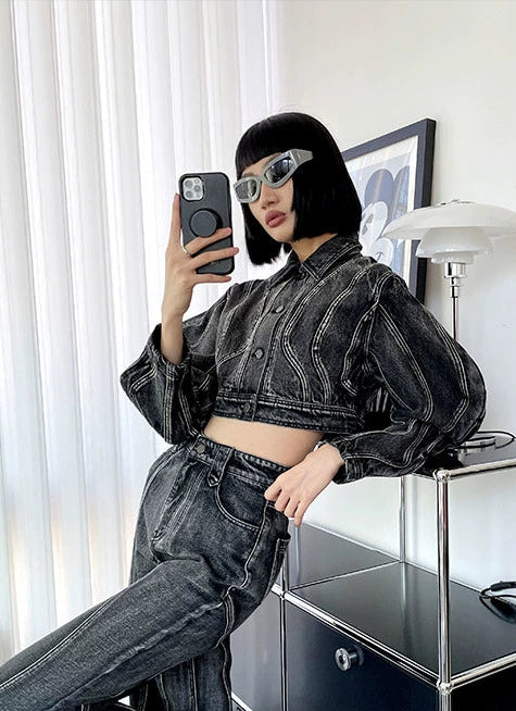 ANNAKIKI  Wave sleeve split denim jacket-MIDORIYA.