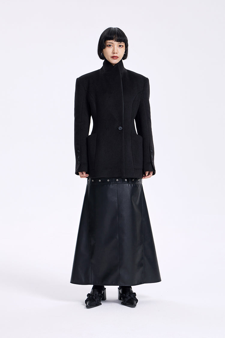 TINY IN High Waist Leather Panelled Fishtail Black Skirt-RIHA