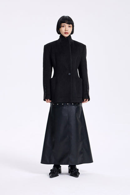 TINY IN High Waist Leather Panelled Fishtail Black Skirt-RIHA