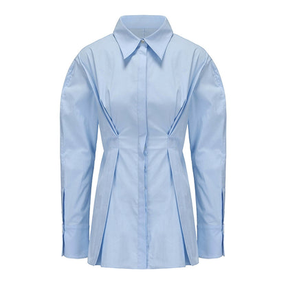 ATELIER MISS LU  waist seal pleated design cinched waist shirt top - INDIGO