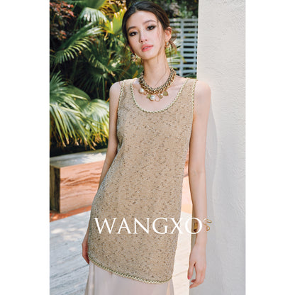 WANGXO | Satin-Stitched Georgette & Stretch Sequin Knit  Suspender Skirt & Vest Skirt Set -LUMA