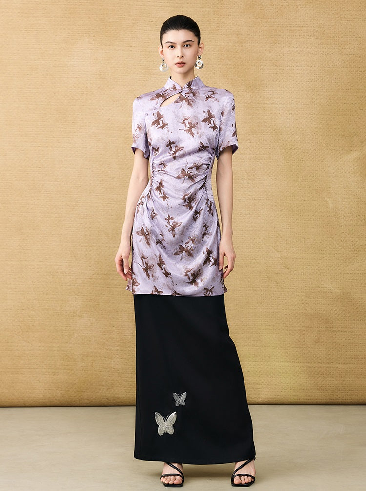 HECO Chinese Style Stand Collar Cut-out Pleated Short Cheongsam Dress - BIRD.