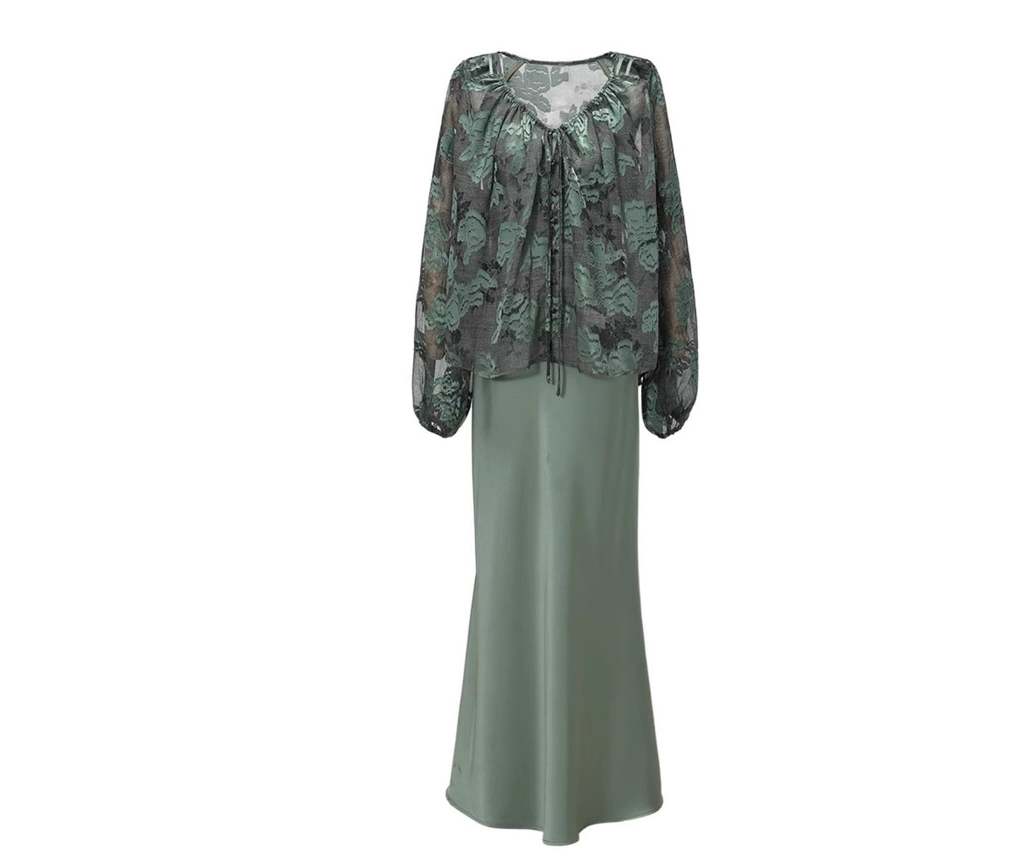 WANGXO Devoré Lace Light and Shadow Heavy Industry Bias French Cardigan & Satin Sundress Set - ESMEE
