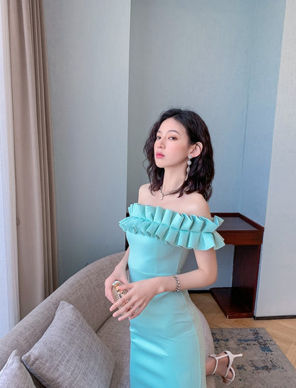 DOLLY High End Retro Style Pleated Off Shoulder Slim Fit Dinner Dress-JOLA