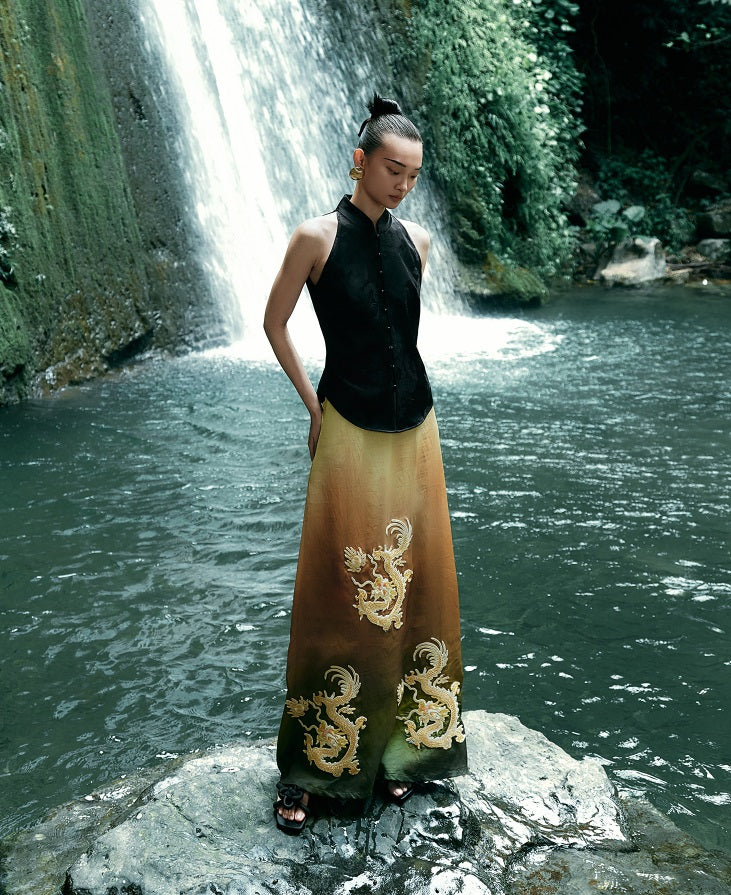 HECO Chinese blended gradient golden dragon embroidered straight skirt - RELY.