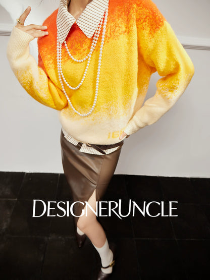 DGU×LAB "Chuyi" orange gradient knitted sweater casual crew neck knitted top - BEAT