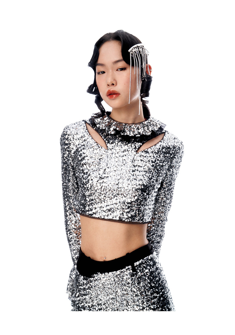 High-end silver sequin feather embellished long pencil cocktail skirt  + top set