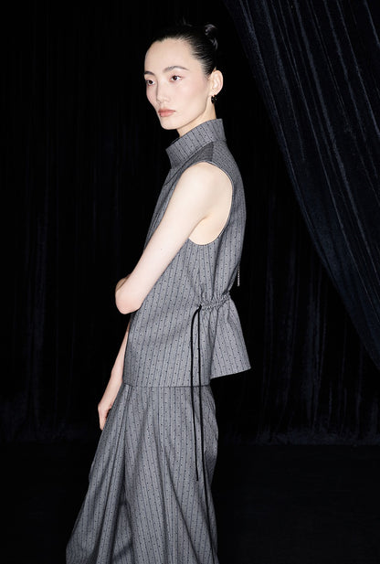 M essential Mackay designer label sand diamond grey stripe diamond buckle drawstring vest - ZING.