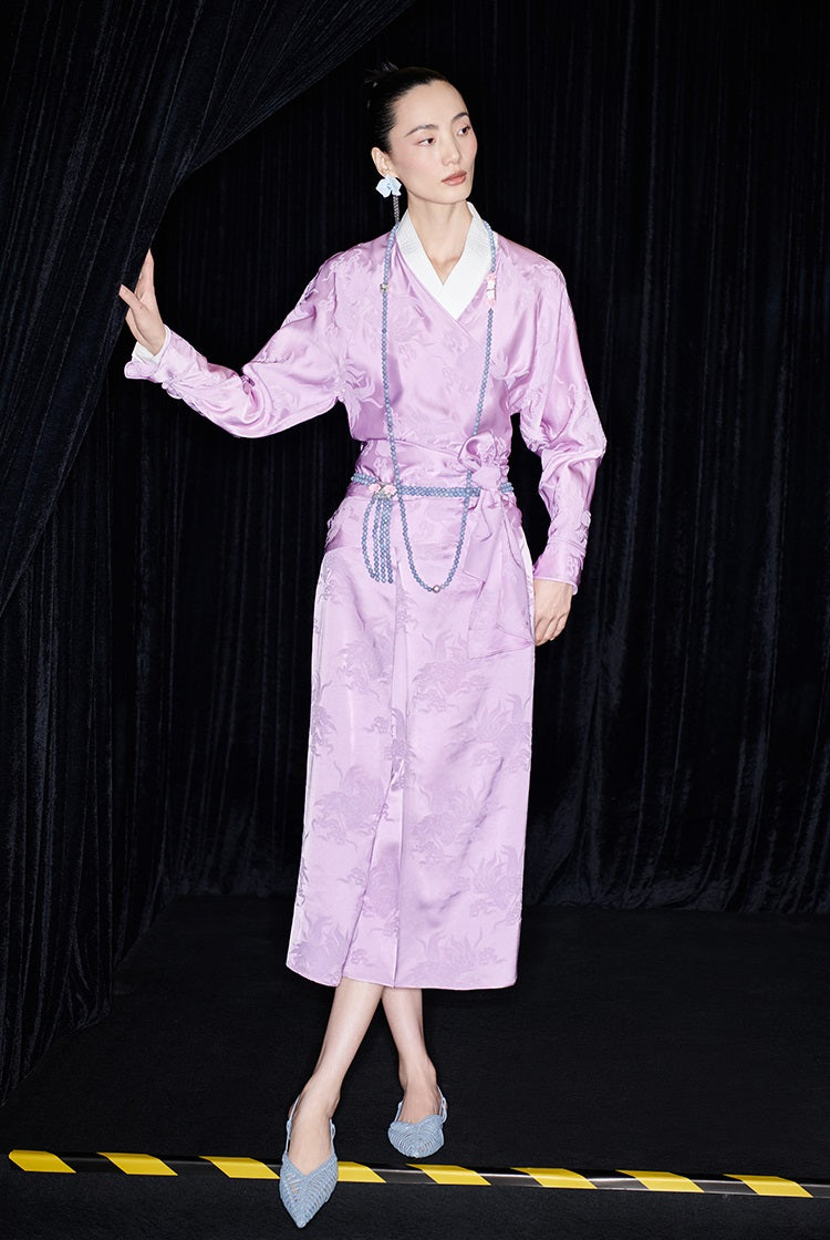 M essential Makay designer hibiscus jacquard layered placket wrap-around waist shirt - BETA.