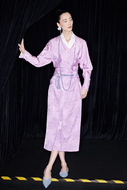 M essential Makay designer hibiscus jacquard layered placket wrap-around waist shirt - BETA.