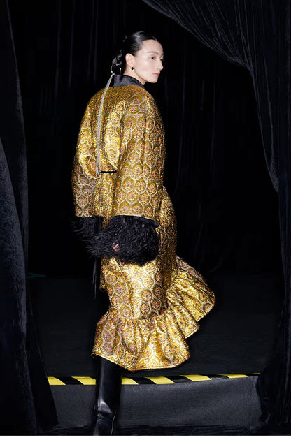 M essential Mackay gold banner jacquard crochet embroidery tunic coat - furbu.