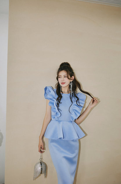 DOLLY High End Blue Crew Nek Ruffled Flying Sleeve Midi Office Dress-BELLONA