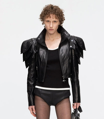 ANNAKIKI black deconstructed three-dimensional short leather jacket-AZUSA