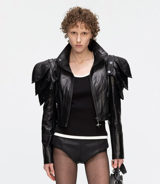 ANNAKIKI black deconstructed three-dimensional short leather jacket-AZUSA