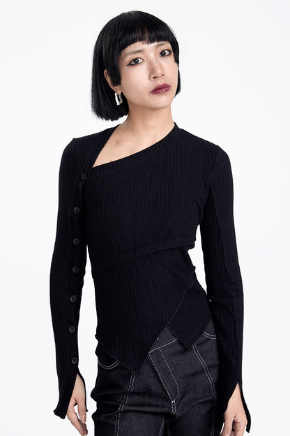 TINY IN button sleeve asymmetric knit women's black top-TAKA