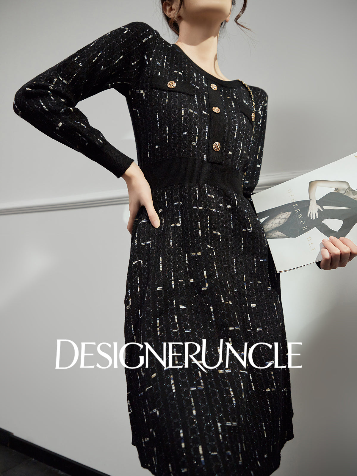 DGU|Twilight" black small fragrance style slimming high-end long-sleeved dress - Antonia.