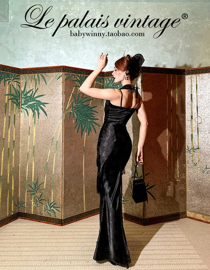 Le Palais Vintage High End sleeveless stain wrapped shirt tassel  sexy long black dress-Alora