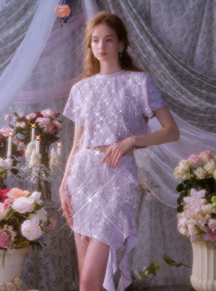 Wardrobes by Chen Elegant Short Sleeve Diamond Feather Top/Short Skirt- Milo