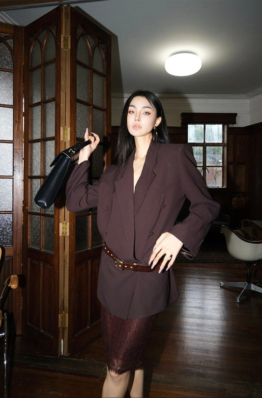MEI SANGUAN sandalwood brown thin double-breasted blazer - INDIE