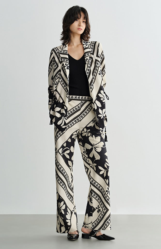 COMME MOI printed tassel black and white print waist suit  - AURORA.
