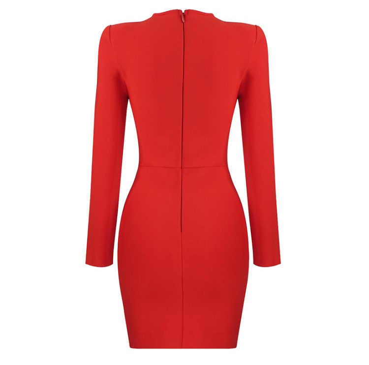 DOLLY Elegant V-Neck Long Sleeve Body Hug Rhinestone Short Sexy Party Dress-ZENA