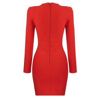 DOLLY Elegant V-Neck Long Sleeve Body Hug Rhinestone Short Sexy Party Dress-ZENA