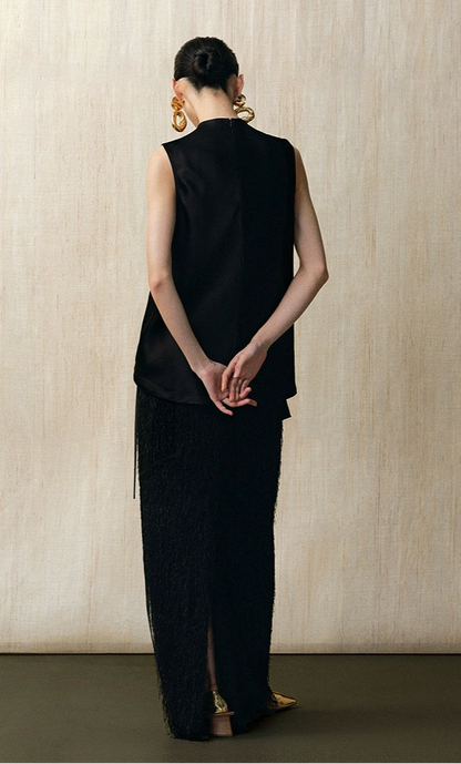ZHUCHONGYUN elegant twisted tassel black straight long skirt-FOCKS.