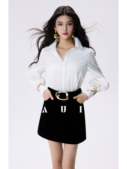 AUI white polo collar long sleeve commuter interview shirt  - GIGI.