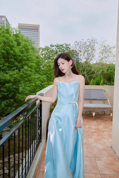 DOLLY High End Blue Off Shoulder Sleeveless Long Suspender Banquet Dress-AGATHA