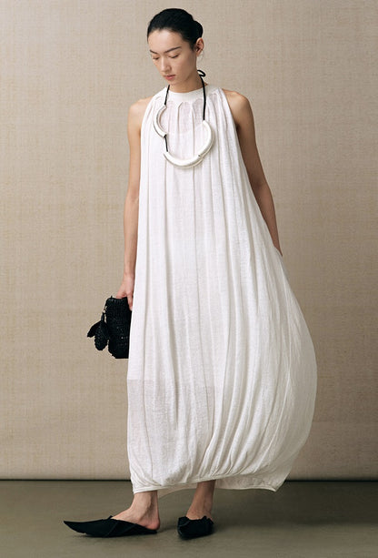 ZHUCHONGYUN white sleeveless gathered neckline balloon hem dress-NID.