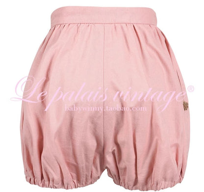 Le Palais Vintage  Gold Cotton Linen Pink Puff Sleeve Shirt + Shorts-ASA.