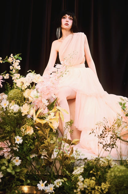 DOLLY Elegant Peach Mesh Off Shoulder Sleeveless High Waist Tutu Dress-MEDUSA  (V)