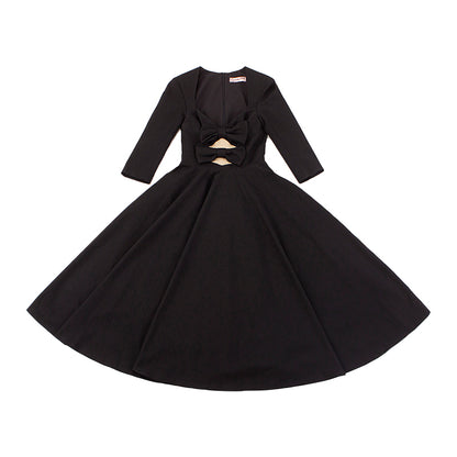 Le Palais Vintage Elegant Retro Long Sleeves Plain Mid Skirt Black  Long Cocktail Hem Dress-Aurora
