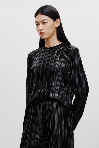 COMME MOI Lv Yan designer women's pin-pleated crewneck top commuter shirt - IVY.