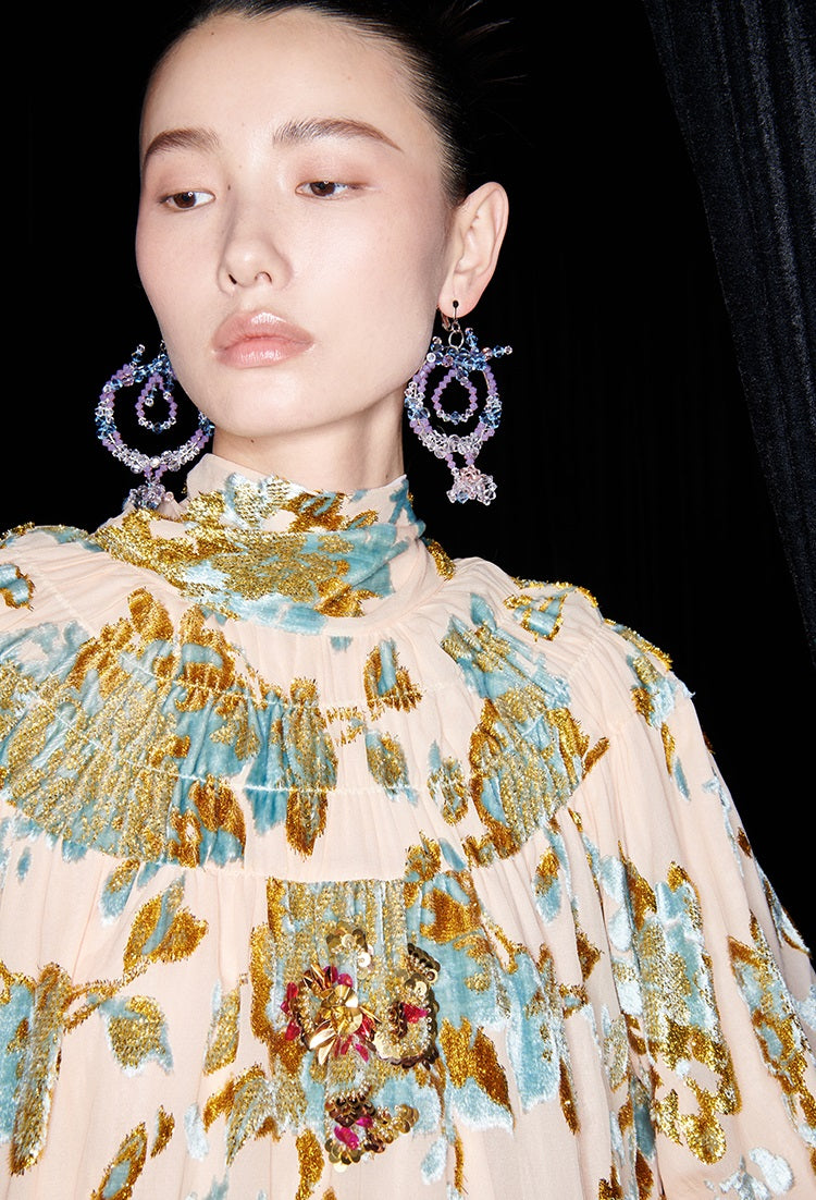 M essential Mackay designer Qili burnt floral velvet dense pleated lace-up loose top - PETER.