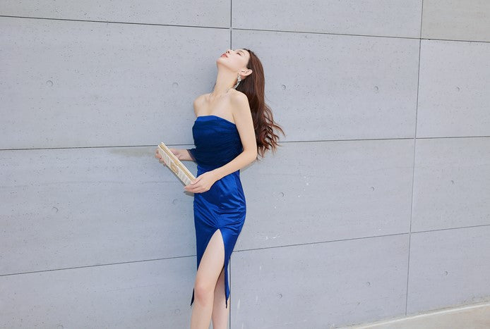 DOLLY Elegant Royal Blue One Shoulder Chest Wrap Slim Fit Slit Dinner Dress-ALLEGRA