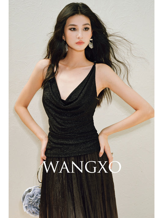WANGXO | Elegant Swing Neckline Pleated Waist Beaded Camisole Top- SENA