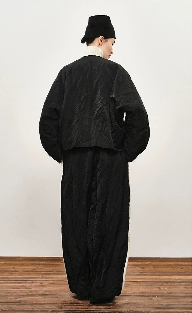 ZHUCHONGYUN black pleated woven strip loose cocoon pants--DANTE.