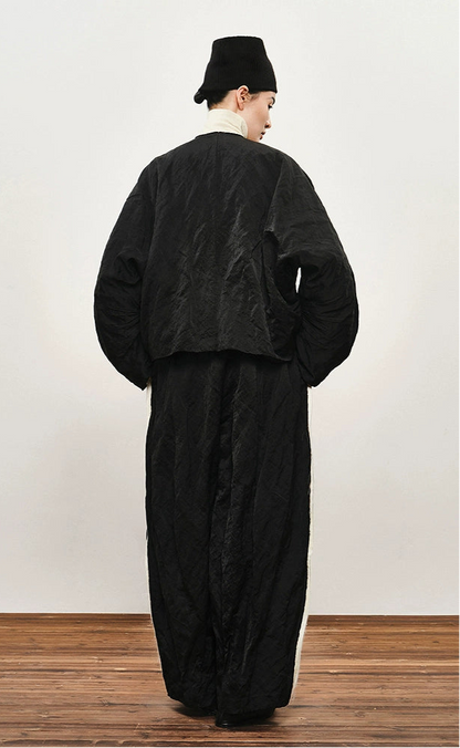 ZHUCHONGYUN black pleated woven strip loose cocoon pants--DANTE.