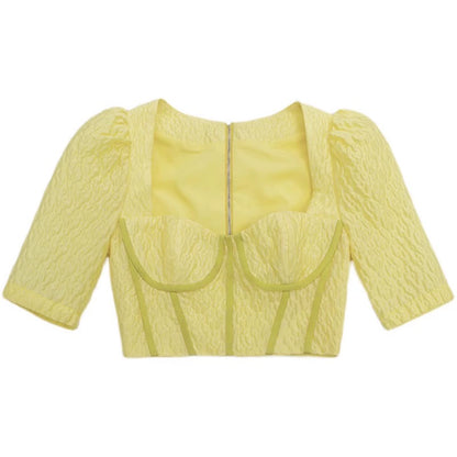 Le Palais Vintage Elegant Lemon Yellow Bodice Puff Sleeve Dinner Top-Maya.