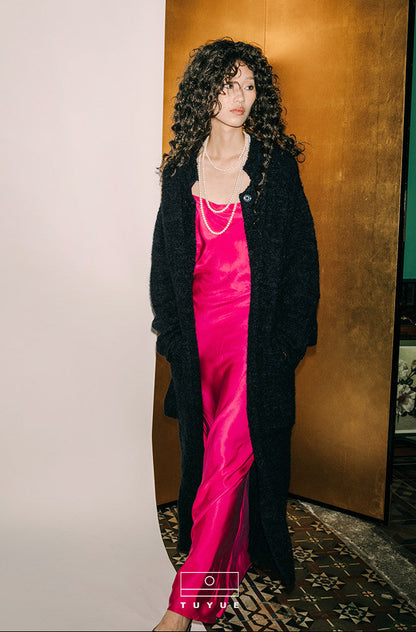 TUYUE  dragon fruit color diagonal satin slim dress - MYLEY.