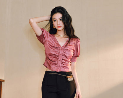 WANGXO Lumina Silk Satin Twill V-Neck Puff Sleeve Top - REYNA.