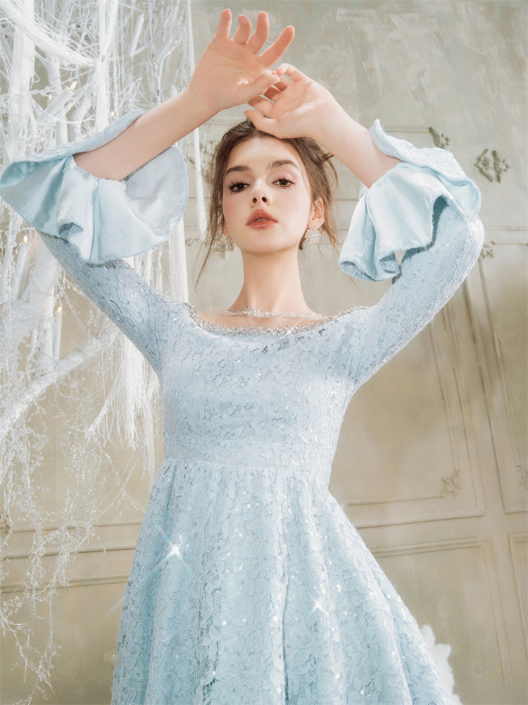 Wardrobes By Chen Elegant Blue jeweled neck Neck lace Dress - Nina