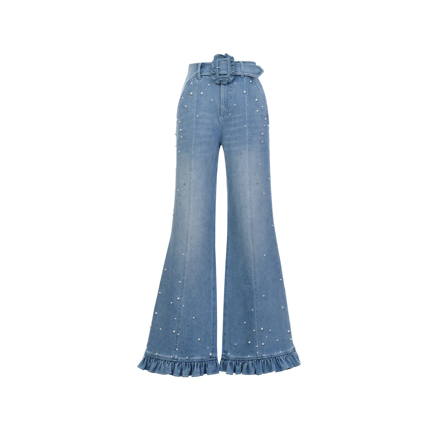 FAME beaded ruffled wide-leg denim trousers - ZOEY