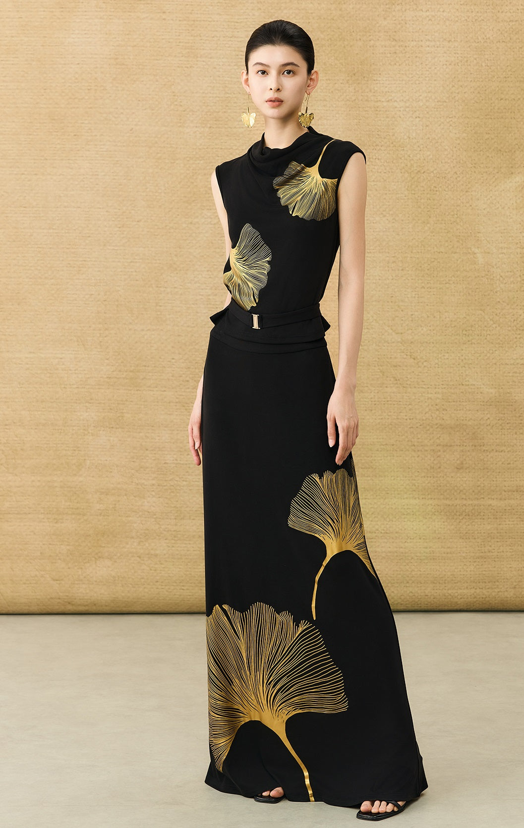 HECO Chinese draped skirt summer fashion ginkgo print skirt set - AFLORAL.